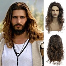 Long Curly Wavy Brown Wigs for Men Synthetic Natural Party Halloween Cosplay ...