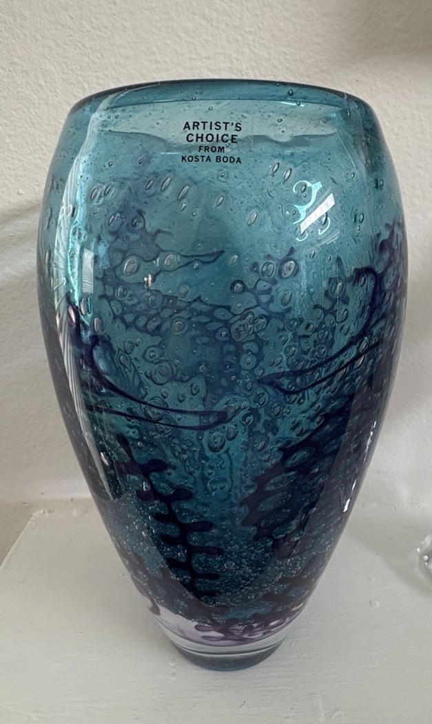 Kosta Boda ペア花瓶 ブルー＆グリーン 抽象魚模様 スウェーデン製 Olli Brozen for Kosta Boda Art Glass Blue Vase Seahorse Seaweed