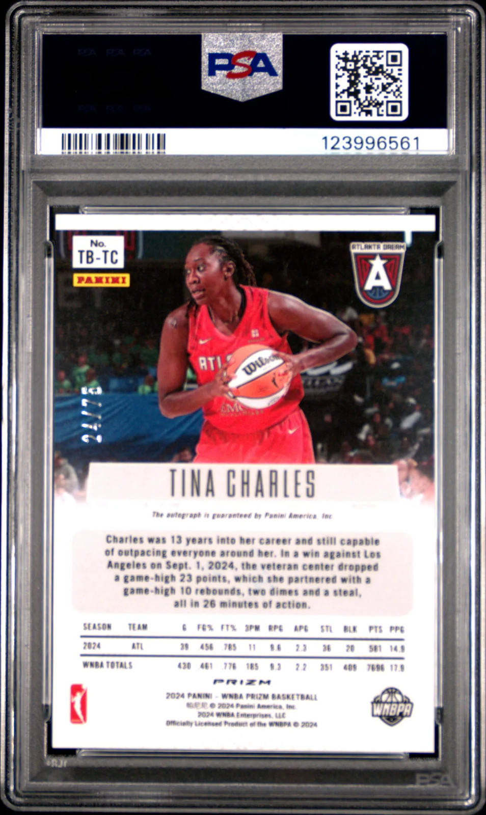 TINA CHARLES PSA 10 2024 PANINI WNBA PRIZM THROWBACK SIGNATURES BLUE AUTO  /75 view 2