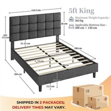 King Upholstered Bed Frame with Adjustable Tufted Linen Square Headboard, Grey