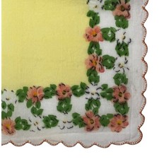 VTG Yellow Floral Scalloped Border Cotton Handkerchief Hankie Pocket Square 11  