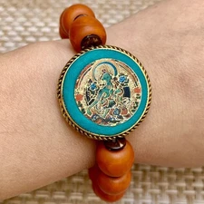 Old Wax Ethnic Style Bracelet Green Tara Medicine Buddha Thangka Beads Accessory