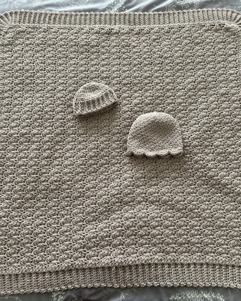 Handmade Crochet Baby Blanket Two Beanies Set 36” x 34” Newborn - 6 Month Hats - Image 2 of 4