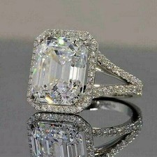 4Ct Emerald Cut Lab Created Diamond Halo Engagement Ring 14K White Gold Plated