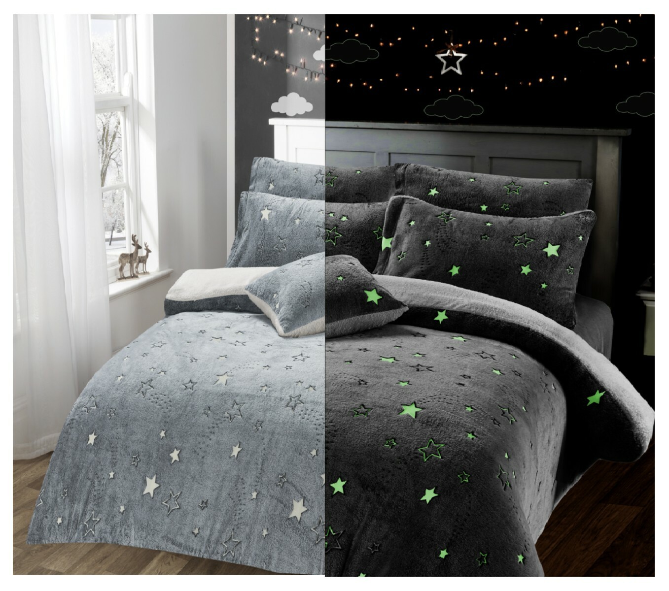 Glow In The Dark Teddy Fleece Stars Duvet Cover Kids Grey Bedding Set