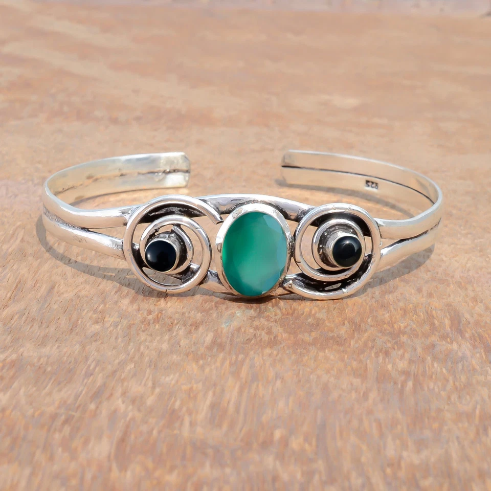 Brazalete Brazalete Regalo Sorpresa Plata Esterlina 925 Piedras Preciosas Ónix Verde y Ónix Negro Foto 4 de 4