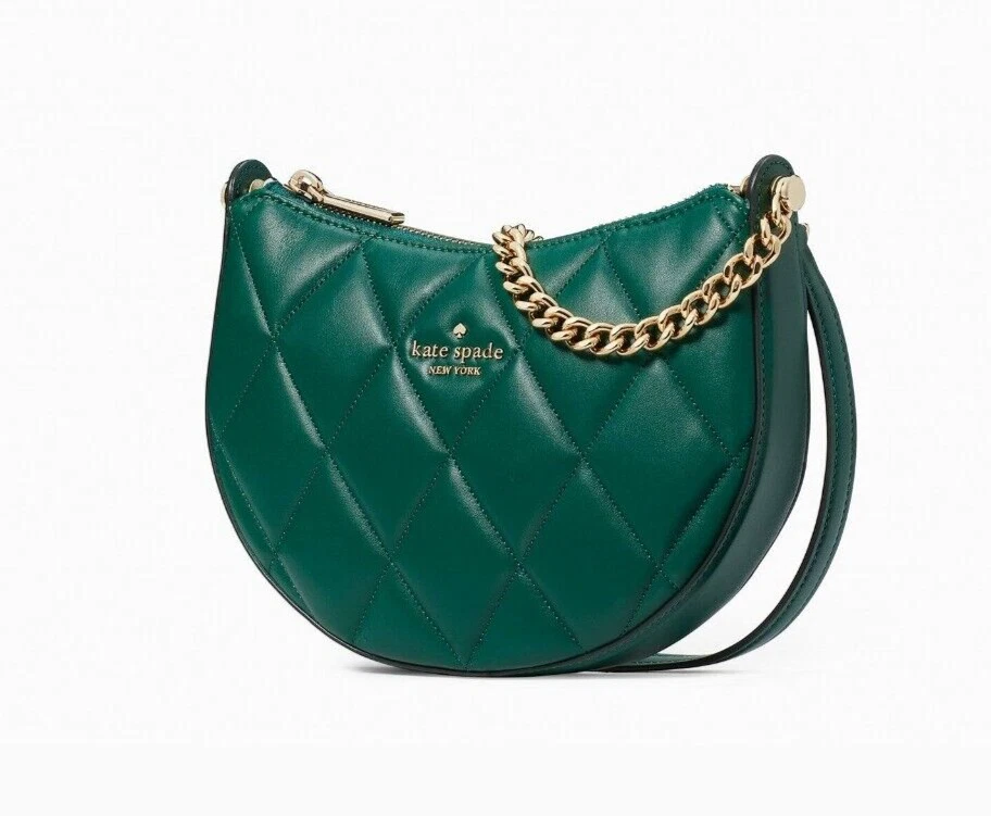 Nuovo sacchetto a tracolla Kate Spade Carey con cerniera superiore trapuntato in pelle liscia giada profonda