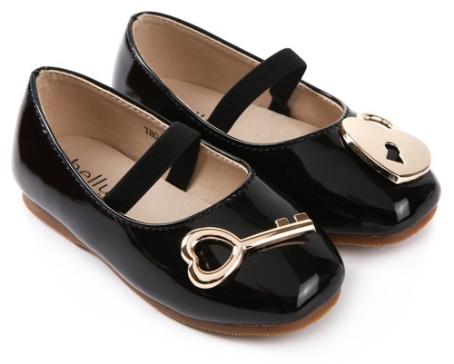 Toddler Little Girls Unique Design Lock & Key Mary Jane Flat Shoes Black & Red - Picture 2 of 9