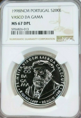 1998 PORTUGAL SILVER 200 ESCUDOS VASCO DA GAMA NGC MS 67 DPL BEAUTIFUL TOP POP