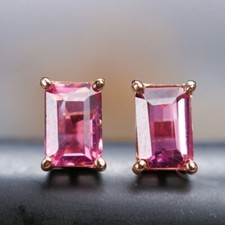 2Ct Emerald Cut Lab Created Pink Ruby Women's Stud Earring 14K Rose Gold Plated