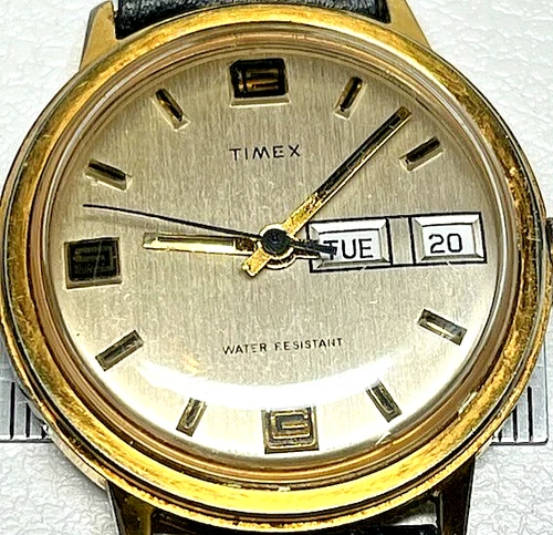 Vintage Timex Watch Mens Cornfield Maze Day Dial Marlin Serviced Works 1975