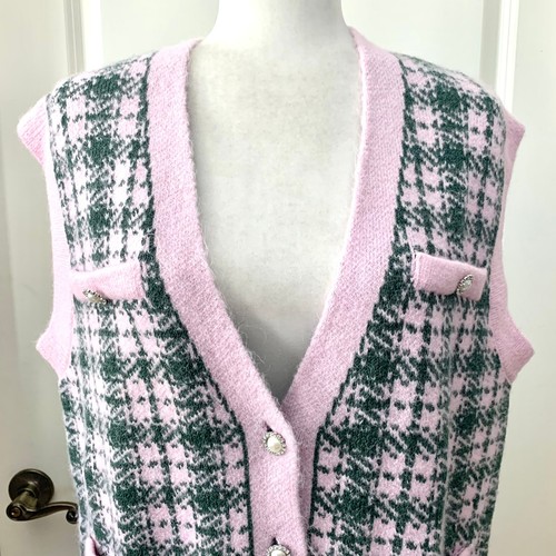 NWOT Zara Plaid Knit Vest with Pearl Buttons in Pink / Green Women's M - Picture 5 of 16