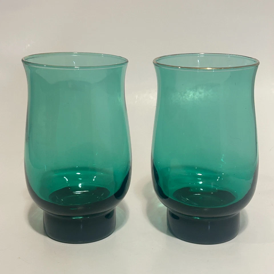 复古 Libbey Juniper 绿色金色边缘郁金香高球眼镜泪滴 2 件套 — 第 4/4 张图片