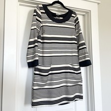 J.Crew Striped Silk Shift Dress Ivory Navy 3/4 Sleeve Pockets Size 6