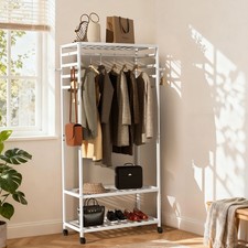 Bamboo Clothes Rack Garment Storage Closet Organizer Hanging Rail Shelf On-Wheel