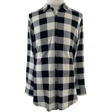 Denim & Co Heavenly Jersey Black Buffalo Plaid Button Front Top XL New 9557