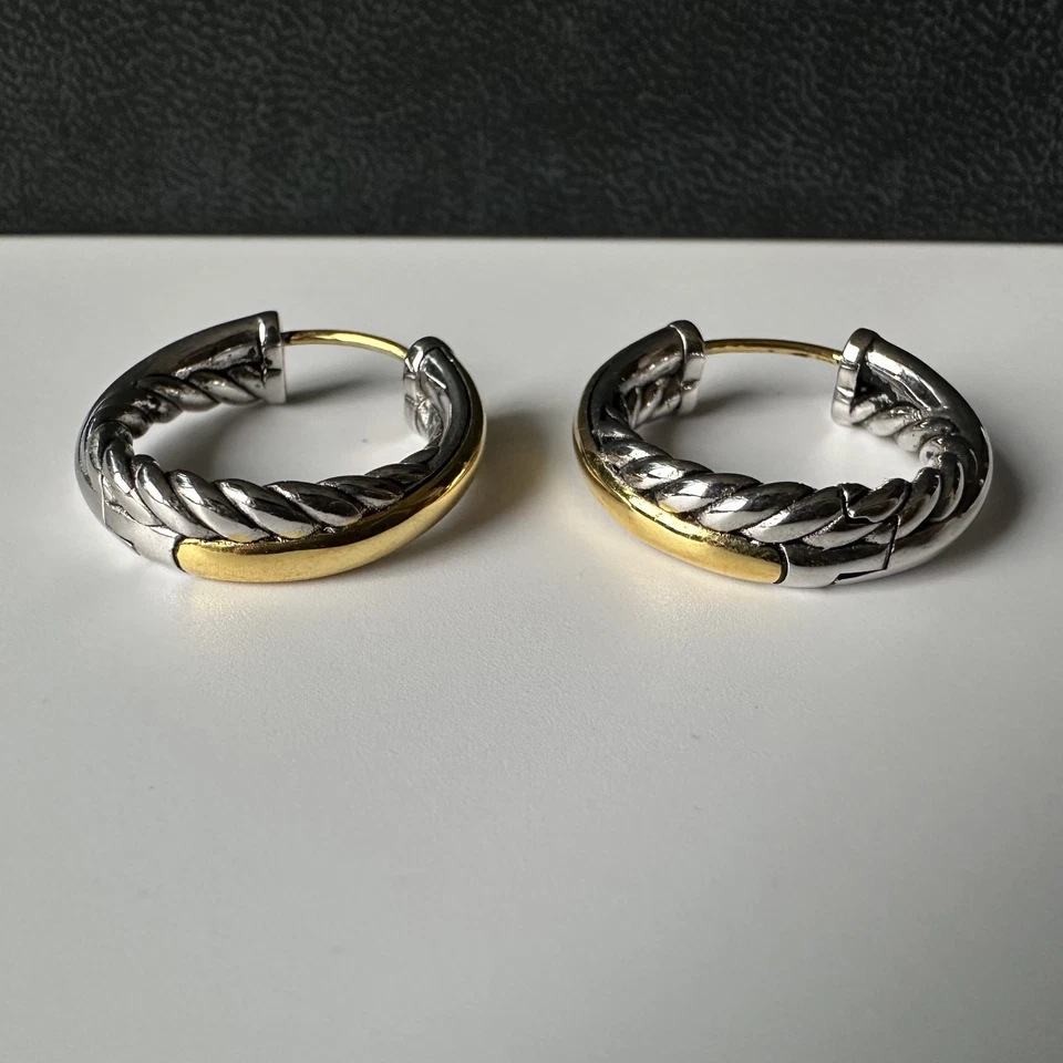 David Yurman Sterling Silver & 18k Gold Post Cable Huggie Hoop Earrings - Image 2 of 4