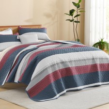 Litanika Queen Quilt Set Blue Red Stripe Patchwork Summer Bedspread Coverlet 3 P