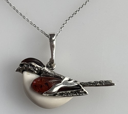 Sterling Silver 925 Flycatcher Bird Pendant Amber & White Agate Necklace Boxed