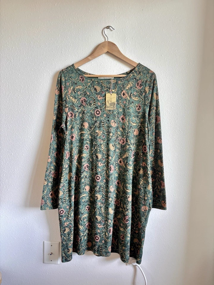 Nuevo con etiquetas Vestido Peruvian Connection Orla Cuello Barco Talla L Verde Manga Larga Algodón Pima Foto 3 de 4