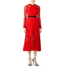 Three Floor Split Tease Cutout Long Sleeve Lace Tea Length / Maxi Dress Red 2