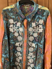 New John Mark Plus Top 1X Long Sleeve Turquoise Orange Embroidered Blouse