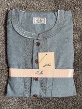 Moroccan Embroidered Jubba Light Blue Mens Shortsleeve Thobe Arab Islamic Muslim