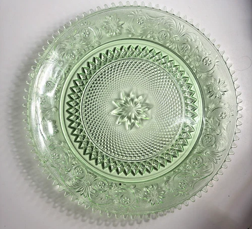 Indiana Glass Tiara Platter USA Chantilly Glass Depression Green 12" Diam VTG