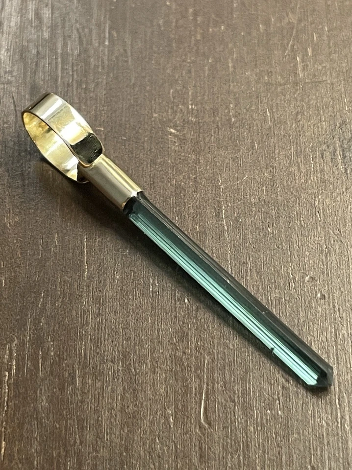 14K Solid Gold Blue Tourmaline Gemstone Crystal Necklace Pendant! - Image 3 of 4