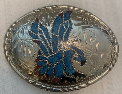 Turquoise German Silver Eagle Oval Belt Buckle Leather Belt 34 Western Leather Vintage Mallory Silver Eagle Black Leather Belt Turquoise  main image 4