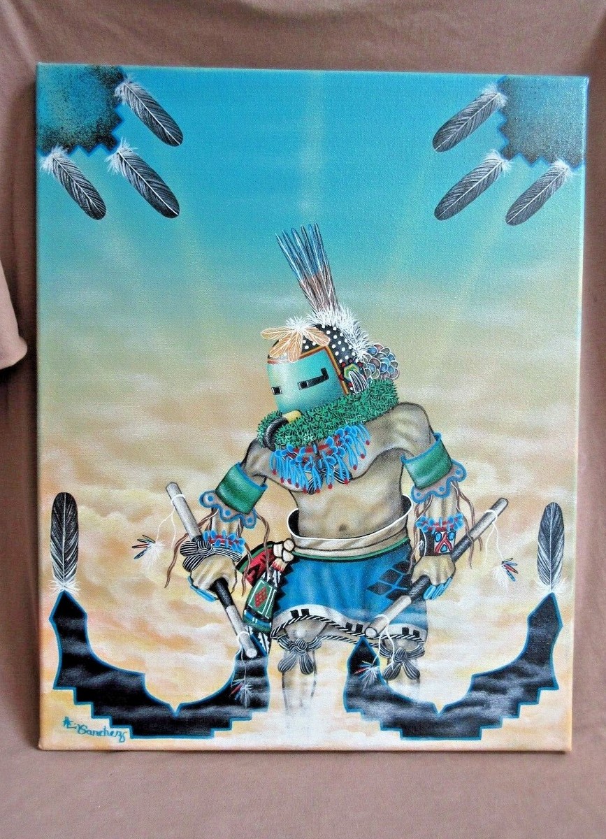 Native Zuni Oil on Canvas Painting - Parrot Kachina by Anthony