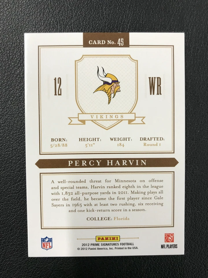 2012 Panini Prime #45 Percy Harvin Prime Proof Red /99 Minnesota Vikings - Image 2 of 2