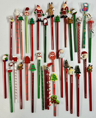*NEW* Lot 35 Vintage Wood Christmas Pencils Toppers Russ Dakin Hello Kitty