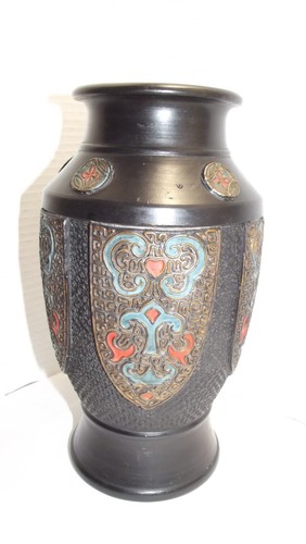 10" Vtg/ Antique Japanese TOKANABE WARE Vase - Hand Painted Black Pottery JAPAN - Picture 8 of 15