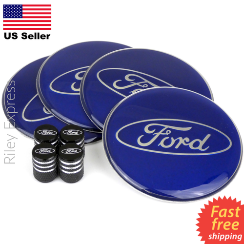 Blue FORD Wheel Center Cap Sticker Decals 2.55" & Black FORD Tire Valve