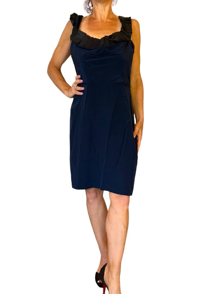 MONIQUE LHUILLIER Navy Cowl Neck Sleeveless Ruffle Silk Mini Sheath Dress M - image 2 of 4