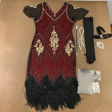 Women's Large Gold Red Sequin Fringe Flapper Dress  Accessory Set 9 Pieces NWT