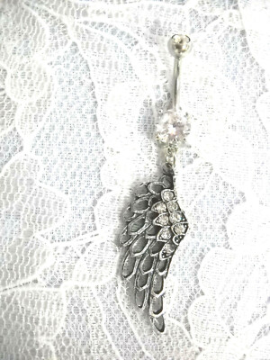 HEAVENLY CELTIC ANGEL WING SILOUETTE w CRYSTALS CHARM 14g CLEAR CZ BELLY RING