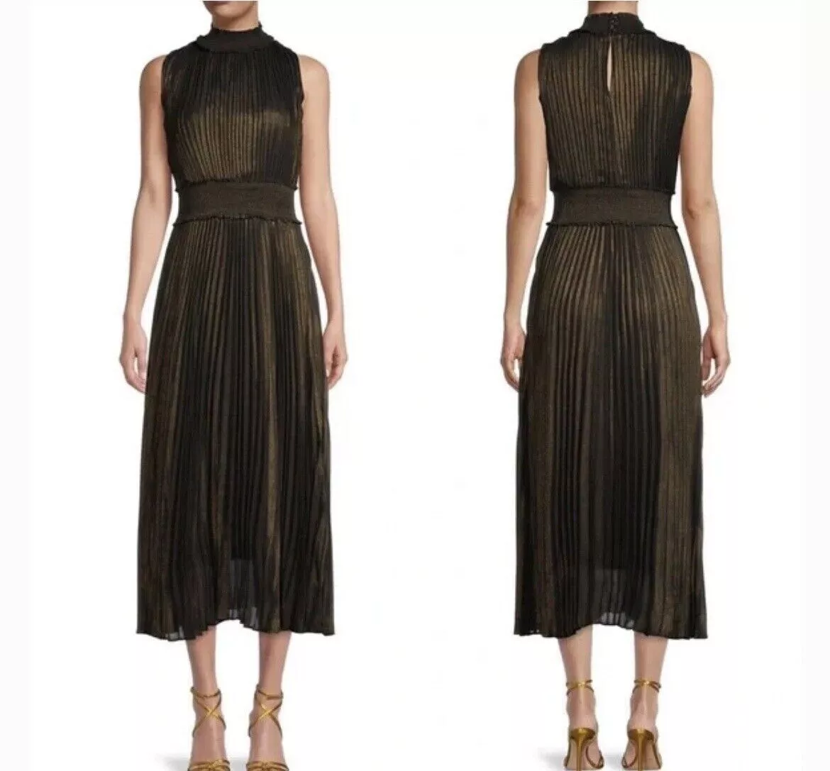 NANNETTE LEPORE Very Black Gold MOCK NECK PLEATED DRESS WOMENS 6