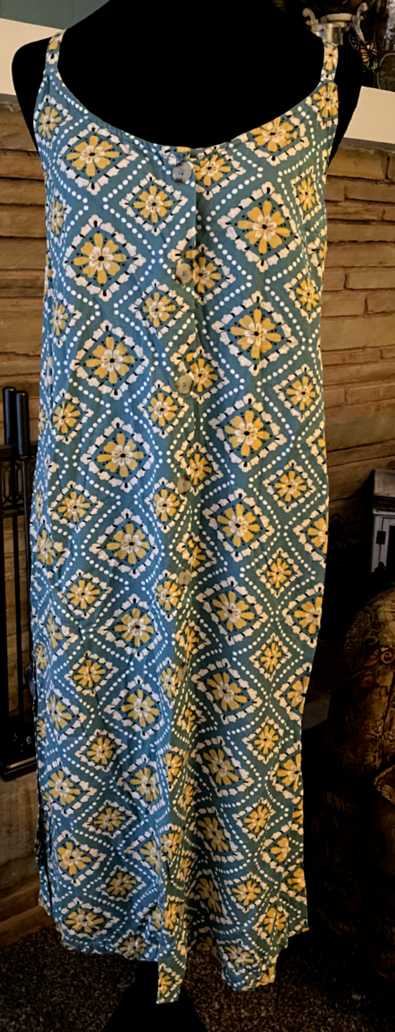 Oneill Maxi sundress dress floral teal yellow L 8 10 button front Boho vacation-image