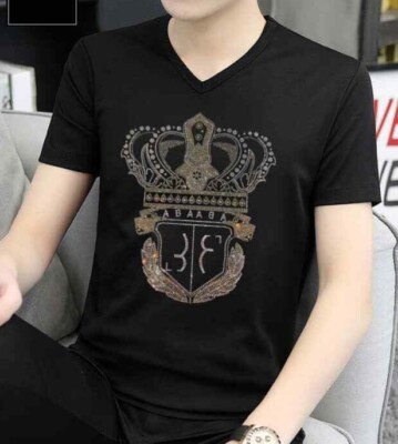 New Men Luxury V-Neck Diamond Crown Rhinestones Fashion Black T-Shirt