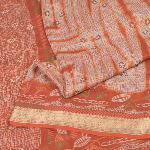Sanskriti Vintage Sarees Orange Pure Silk Leheria Printed Sari 5Yd Craft Fabric  - Afbeelding 1 van 12