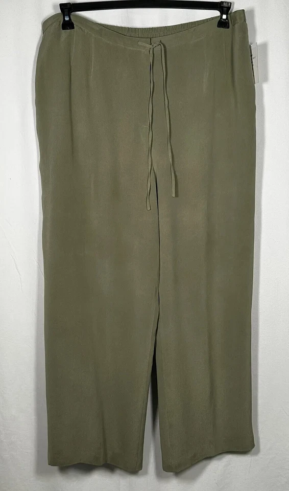 Pantalones Mujer DUE PER DUE 24W 100% Seda Pierna Ancha Informal Cintura Corbata Verde Nuevos