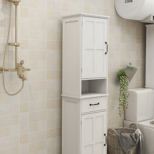 Tall Bathroom Floor Cabinet W/ Shelves Narrow Storage W/ Doors & Drawer White - Picture 5 of 11