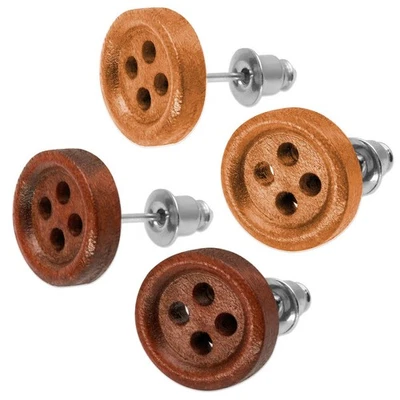 Boucles d’Oreilles En Bois Bouton, Visage De Oreillette, Acier Inoxydable - Photo 1/3