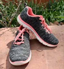 Skechers Flex Appeal Womens Memory Foam Sneakers Heather Black and Pink Sz 8.5