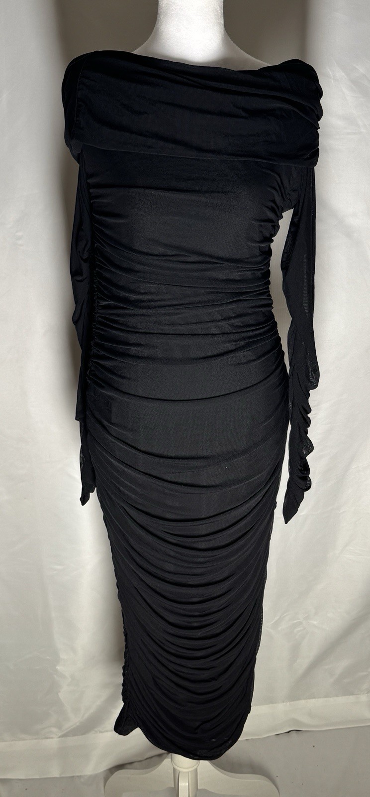Black Ruched Off Shoulder Midi Dress Sheer  Sleeve Bodycon Elegant Dress