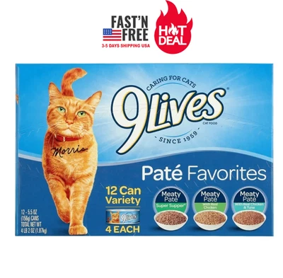 BRANDED 9Lives Paté Favorites Variety Pack Wet Cat Food, 5.5-Ounce Cans, 12-Count - NEW