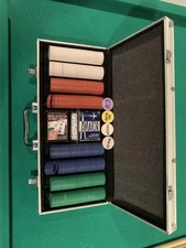 Poker Chip Set with 2 Sets Of Playing Cards And 4 Dice In Metal Carrying Case