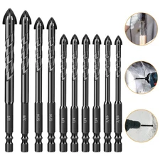10x Tungsten Steel 4-Flute Masonry Drill Bits Set 1/4" Hex Shank for Tile Glass